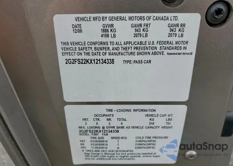 2001 Pontiac Firebird z USA, uszkodzony, nr VIN 2G2FS22KX12134338